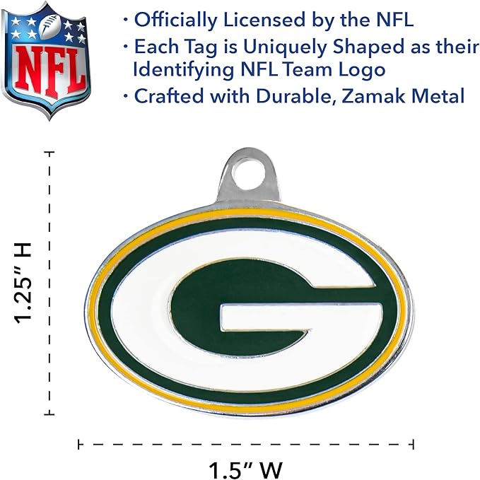 NFL Green Bay Packers Engraving Pet ID Tags in 32 Team Logo Shapes Personalized Dog Tags and Cat Tags with 3 Lines of Customizable Text for Tracking & Safety. Stainless Steel Pet ID Tracking Tags