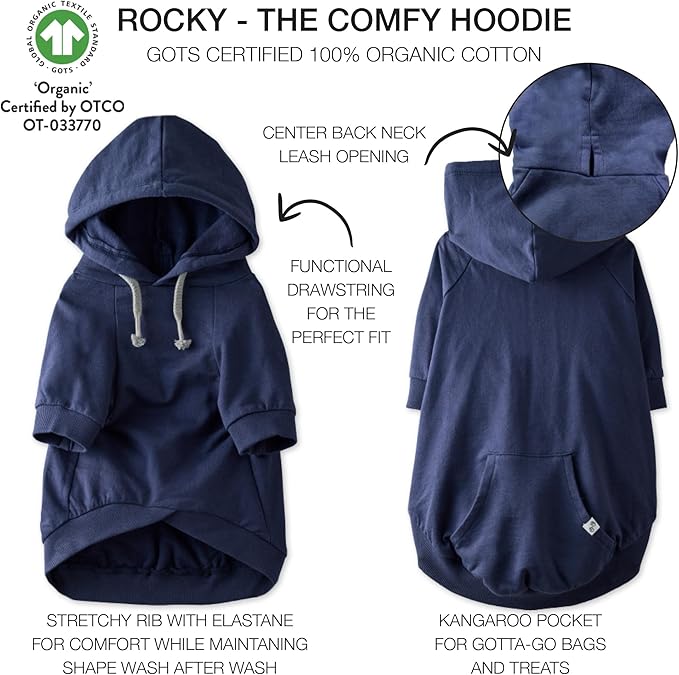 Rocky – The Orginal Lightweight Hooded TEE 100% Organic Cotton Dog Hoodie Pet Coat Sweater for Small, Medium, Large Dogs, Navy, Large