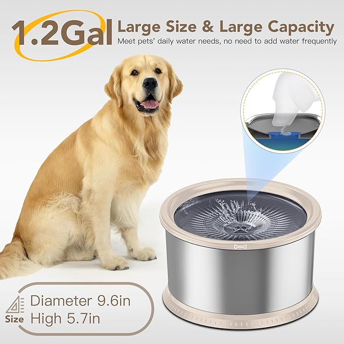 4.5L/1.2Gal Dog Water Bowl, No Spill Stainless Steel Slow Water Bowl for Medium Large Dogs, Large Capacity Splash Proof Slow Drinking Water Bowls with Anti-Slip Mat for Mess Drinkers, Beige