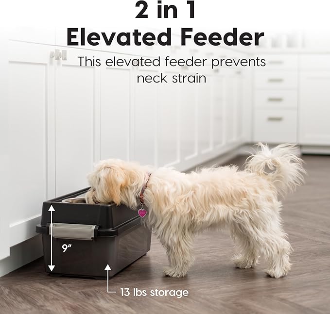IRIS USA Elevated Dog Bowls with Storage, 9" H Raised Bowl for Small Dogs, Airtight Pet Food Storage Holds Up to 13 lbs, at Home or Camping, Smoke/Black