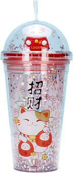 Lucky Cat Cups with Straw Paty Kitten Travel Drinking Tumblers Plastic Water Bottle Birthday Gift (red cat, 6.5 * 20 cm)