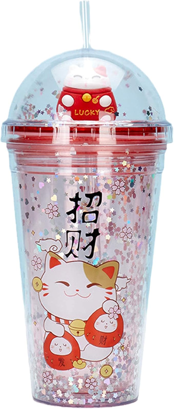 Lucky Cat Cups with Straw Paty Kitten Travel Drinking Tumblers Plastic Water Bottle Birthday Gift (red cat, 6.5 * 20 cm)