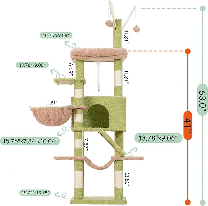 Cat Tree, Multi-Level Cat Tower for Indoor Cats, Cat Condo with Cat Scratching Post and Board, Cat Hammock, Cactus GCT011GY
