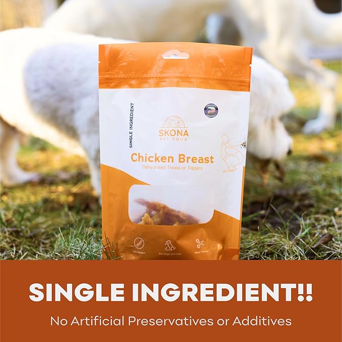Skona PetFood Chicken Breast Jerky Dog Treats & Cat Jerky Treats, High Protein, Single-Ingredient Training Snacks, Grain-Free, USA Made, Rich in Taurine, Supports Digestion & Dental Health, 4oz