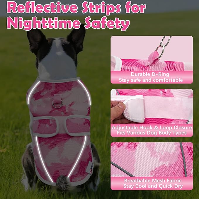 Dog Cooling Vest – Lightweight Pet Cooling Shirt 3D Breathable Mesh, Reflective Strips & UV Protection for Walking, Hiking, Park – Adjustable Fit Dog Cooler Jacket with D-Ring U-DCV01XL