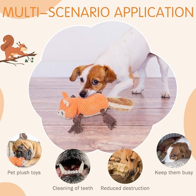 SCENEREAL Tug of War Stuffed Dog Toys for Small Medium Large Dogs,Durable Squeaky Interactive Dog Chew Toys, Keep Them Busy Dog Chew Guard Technology with Rope for Training Indoor(Squirrel, Orange)