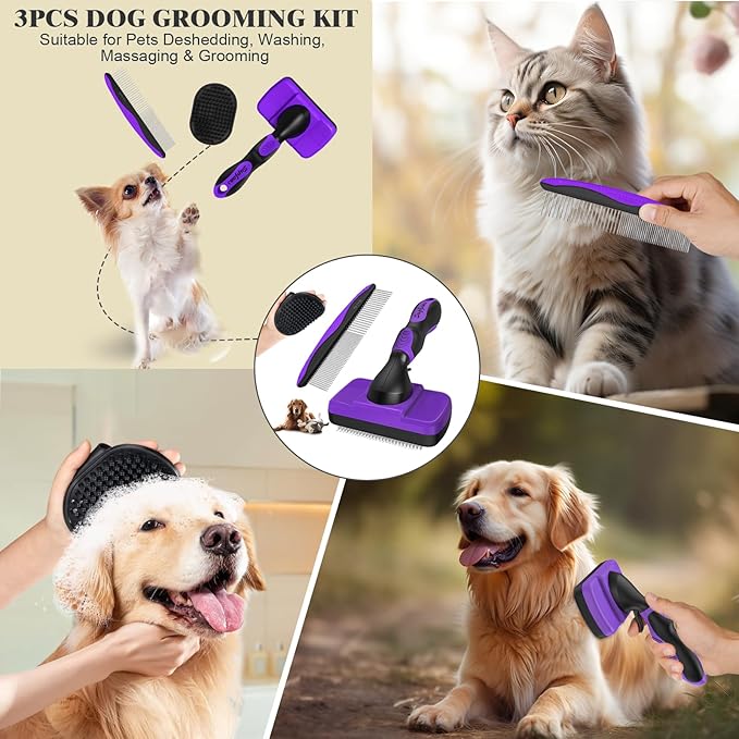 3PCS Dog Grooming Kit - Deshedding Dog Brush, Self Cleaning Slicker Brush, Bath Brush and Comb, Suitable for Hair Removal and Bathing of Dogs & Cats (Purple Black)