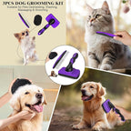 3PCS Dog Grooming Kit - Deshedding Dog Brush, Self Cleaning Slicker Brush, Bath Brush and Comb, Suitable for Hair Removal and Bathing of Dogs & Cats (Purple Black)