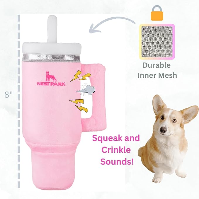 Nestpark Tumbler Cup Funny Dog Toy - Parody Plush Squeaky Crinkle Dog Toy (Pink Dusk)