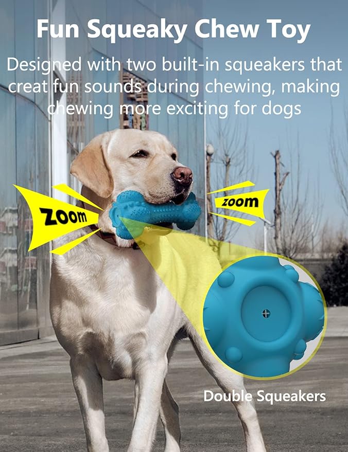 SCHITEC Two Squeaky Dog Chew Toy for Aggressive Chewers Large Breed, Tough Indestructible Rubber Bone with Toothbrush for Big Medium Dogs Teeth Cleaning, Blue and Orange