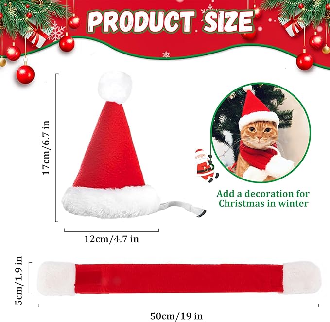 2 Pcs Pet Christmas Hat and Scarf Set, Santa Costume Accessories for Small Dogs and Cats, Adjustable Holiday Outfit for Puppy Kitten Xmas Party and Winter Dress Up