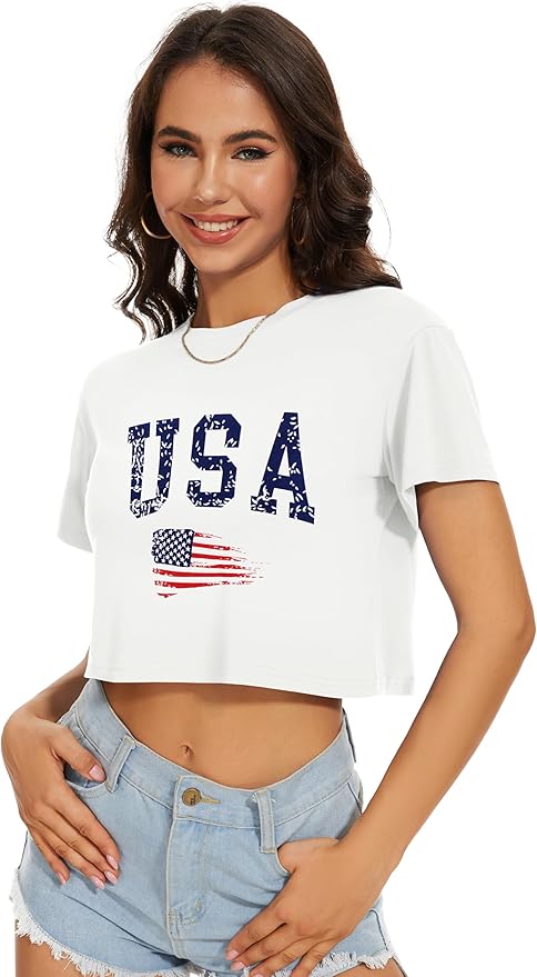 Womens Summer Crop Tops Short Sleeve Round Neck T-Shirts Loose Fit Casual Blouse