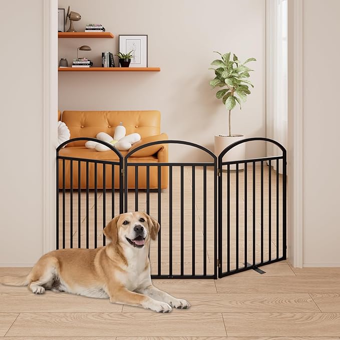 3 Panels Full Matel Freestanding Dog Gates with Door, 72"Extra Wide 32"Tall Free Standing Dog Pet Gate for Indoor & Outdoor. Foldable Pet Fences for Doorways, House, Stairs, Porch, Deck, Yard