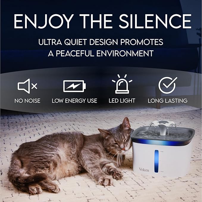 Veken Innovation Award Winner 95oz/2.8L Pet Fountain, Automatic Cat Water Fountain Dog Water Dispenser with Replacement Filters for Cats, Dogs, Multiple Pets (Grey, Plastic)