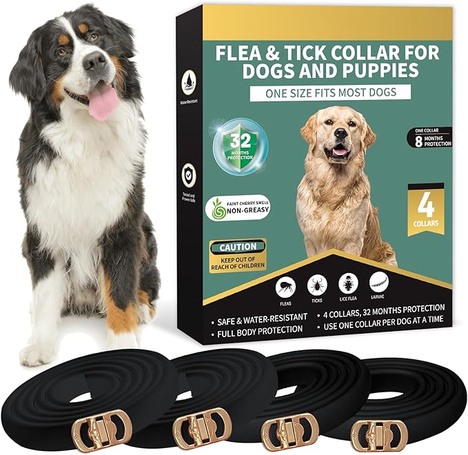 Flea Collar for Dogs 4 Pack, 32 Months Comfort Flea and Tick Prevention, Waterproof Dog Flea and Tick Collar, Adjustable Flea and Tick Treatment for Dogs - One Sizes Fit All (Black)