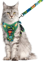Halypet Cat Harness and Leash Set for Walking, Escape Proof Adjustable Vest Harness with 3-in-1 Integrated Buckles, Easy Control Soft Breathable Mesh with Reflective Strips for Cats, M, Green Monster