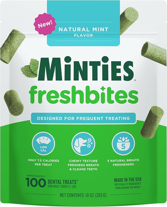 Minties FreshBites Soft and Chewy Dental Treats for Dogs, Low Calorie Natural Mint Flavored Dental Chews for Dogs, 100 Count, Chews Clean Teeth, Fight Bad Breath, and Removes Plaque and Tartar