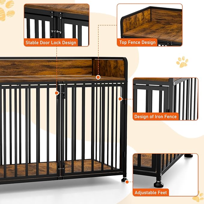 Large Dog Crate Furniture, Dog Kennel Indoor, Heavy Duty Dog Crate for Large Medium Dogs 42 Inch, Wooden Dog Cage Brown End Table with Table Guardrail