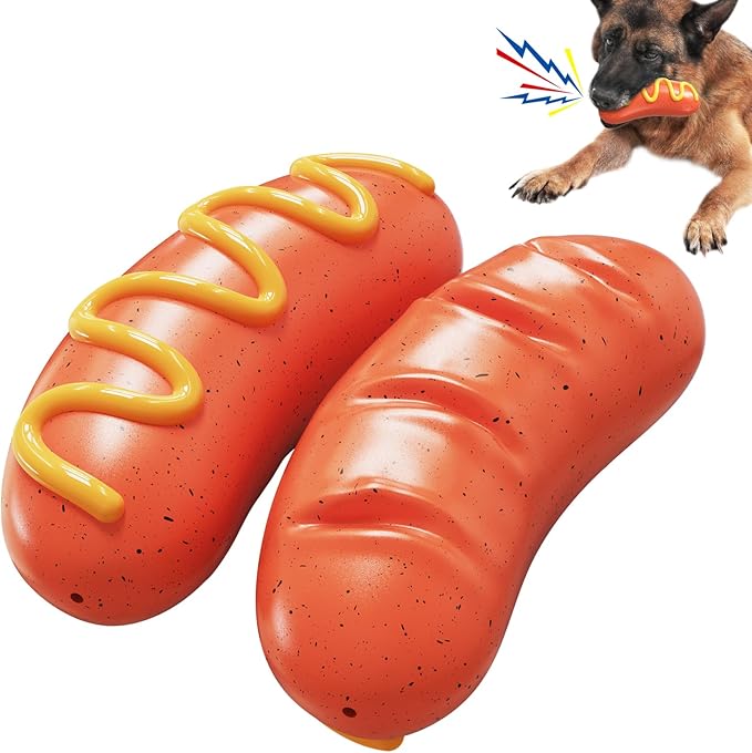 Dog Toys Chewers,Dog Chew Toy for Aggressive Chewers Sausages,Squeaky Dog Toy Interactive (Red Hotdog)