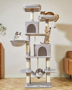 Taoqimiao Cat Tree, 71.7-Inch Cat Tower for Indoor Cats, Plush Multi-Level Cat Condo with 13 Scratching Posts, 2 Perches, 2 Caves, Hammock, 2 Pompoms,Light Gray MS013LW