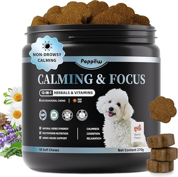 Calming Chews for Dogs – Calming Treats for Anxiety, Stress, Separation, Travel&Thunder, Relaxation & Focus Support with L-Theanine, Valerian Root, Chamomile & Ashwagandha, Bacon Flavor, 90Ct