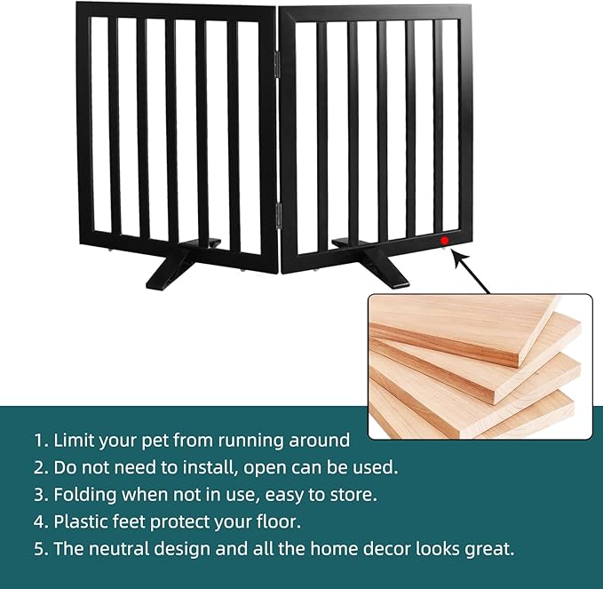 ZJSF Freestanding Indoor Dog Gate for House Foldable Wood Puppy Gate for Doorways Pet Gate for Stairs Extra Wide Pet Fence, Black, 24" Height 2 Panels