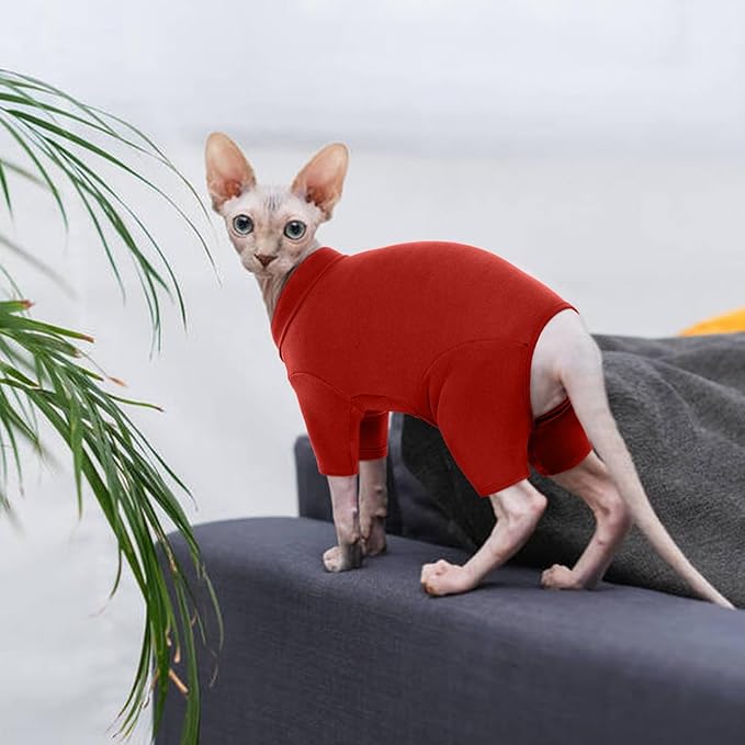 ROZKITCH Cat Clothes - Breathable Soft Jumpers for Cats, Warm Sweater T-Shirt Pajamas Jumpsuit Vest - Cornish Rex Devon Rex Peterbald Red L