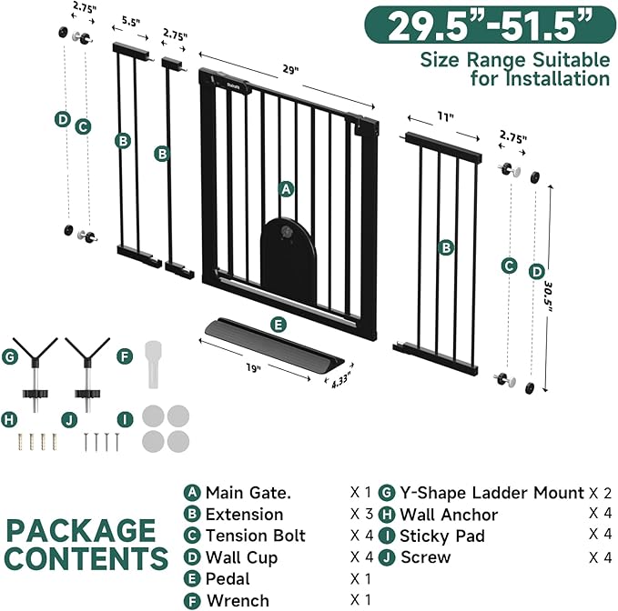 29.5"-51.5" Extra Wide Baby Gate with Cat Door for Stairs & Doorways - Auto-Close Metal Gate, Pressure Mounted, Easy Install 30.5" Tall, No Drilling - Dog Gate for Cats and Pets, Black