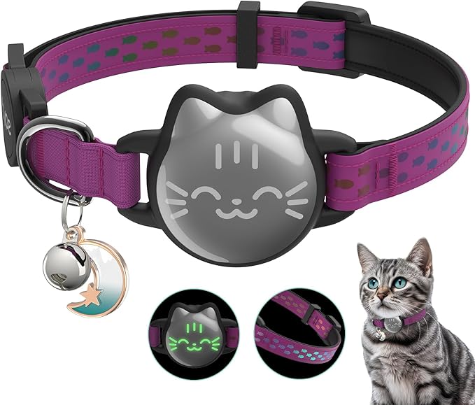 Waterproof Airtag Cat Collar, Breakaway Cat Airtag Collar with Luminous & Reflective Pattern Strap, Lightweight Kitten Collars for Apple Air tag, Hidden Holder for GPS Tracker - Cats, Kittens (9-13")