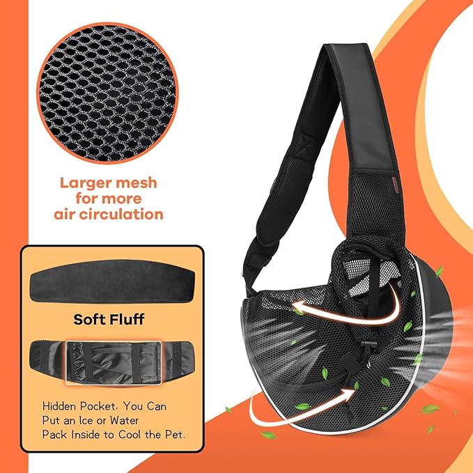 YUDODO Pet Sling Carrier for Small Dogs & Cats – Hands-Free Puppy Carrier with Safety Hook, Large Zipper Pocket, Soft Breathable Mesh, Adjustable Strap & Reflective Strip (Black 3.0 M)
