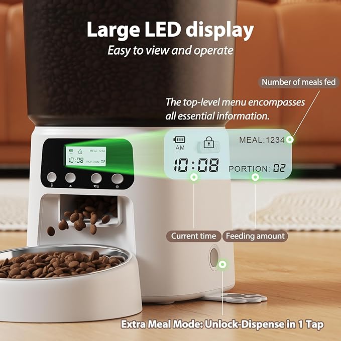 Automatic Cat Feeder,4L Timed Cat Dry Food Dispenser,Pet Feeder up to 6 Meals and 30 Portions per Day,10S Voice Record,Flexible Schedule Timer,Dual Power,Stainless Steel Bowl, for Cats and Small Dogs