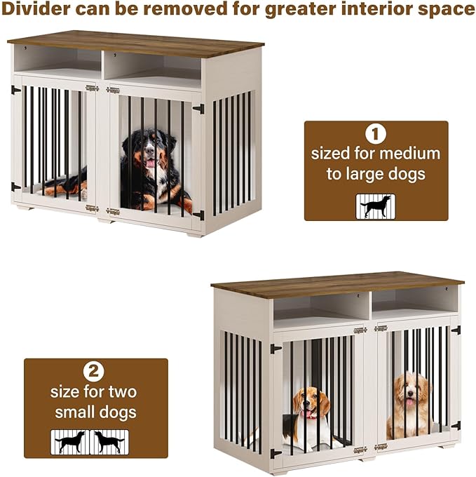 Furniture Dog Crate for Two Dogs, 41 Inch Furniture Style Dog Kennel with Removable Divider and Thickened Desktop, Heavy-Duty Base for Small to Medium Dogs, White