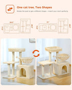PEQULTI Small Cat Tree, [28.5''] Cat Tower for Indoor Cats, 2 Styles Activity Tree with Cat Scratching Posts, Big Hammock and Removable Top Perch Beige