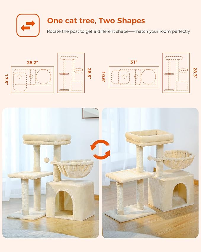 PEQULTI Small Cat Tree, [28.5''] Cat Tower for Indoor Cats, 2 Styles Activity Tree with Cat Scratching Posts, Big Hammock and Removable Top Perch Beige