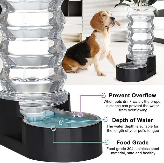 Sfozstra Lagre Gravity Dispenser for Dogs: 8L Black Automatic Stainless Steel Water Bowl Waterer - Great for Family Homes and Outdoor Activities