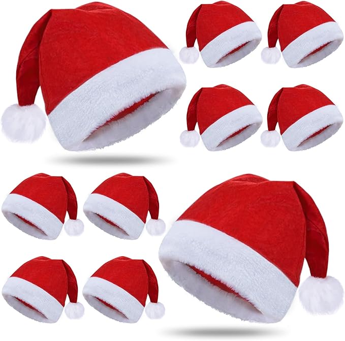 10Pcs Santa hats bulk, Christmas Hat bulk for Adults, Gorros De Navidad for women and men, Classic Plush Fluffy for Xmas New Year Party Decorations