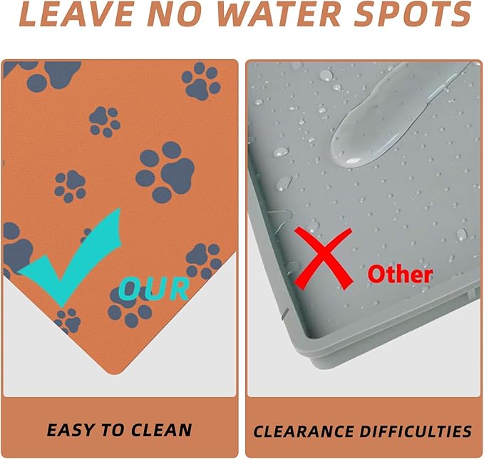 18"×30" Dog Food Mat-Absorbent Dog Mat for Food and Water, No Stains Quick Dry Cat Dog Food Bowl Mat Non Skid Dog Feeding Mat with Footprints for Messy Drinkers Orange