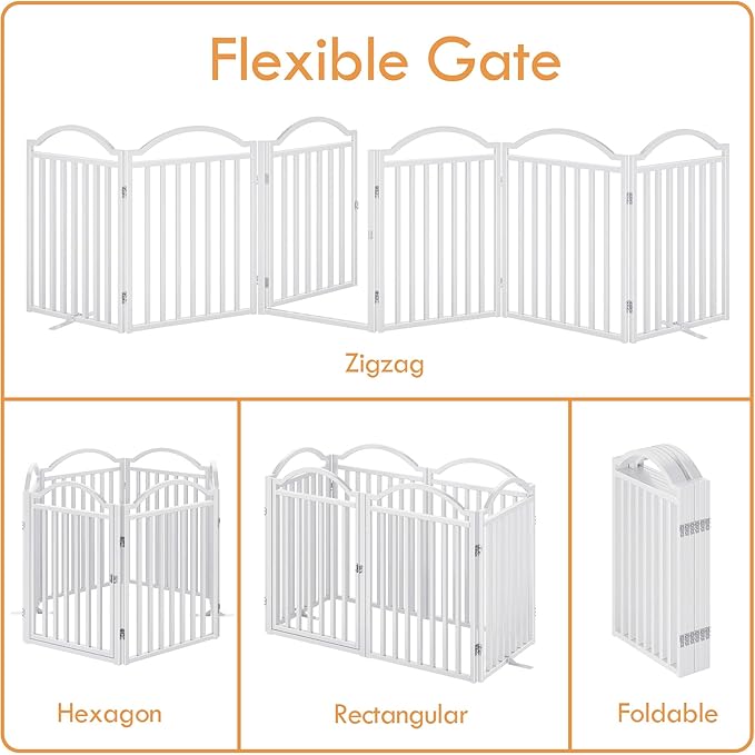 UDD Metal Folding Dog Gate Indoor 144" Extra Wide, 32" Tall Foldable Pet Gate with Door for Stairs Doorways Hallways Porch, Freestanding No Drilling Pet Fence for Dogs Puppy, White 6-Panel