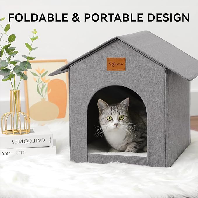 Outdoor Cat House, Cat Shelter Feral Pet Outside Waterproof Cat House for Outdoor/Indoor Cats, Insulated Cat Bed for All Seasons with Cozy Cushion, Easy to Assemble, Grey