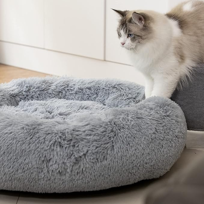 Anti Anxiety Round Fluffy Plush Faux Fur Warm Washable Dog Bed & Cat Bed, Original Bed for Small Medium Large Pets,Used to Relieve Joints and Improve Sleep（20"/24"/27''） (27", Light Grey)