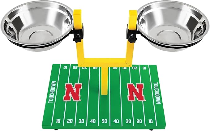 NCAA Nebraska Cornhuskers Goalpost Football Field Dog Feeder – Adjustable Elevated Dog Bowls with Stand, 2 Stainless Steel Bowls, Non-Slip Rubber Feet, Raised Pet Feeder for Large & Small Dogs