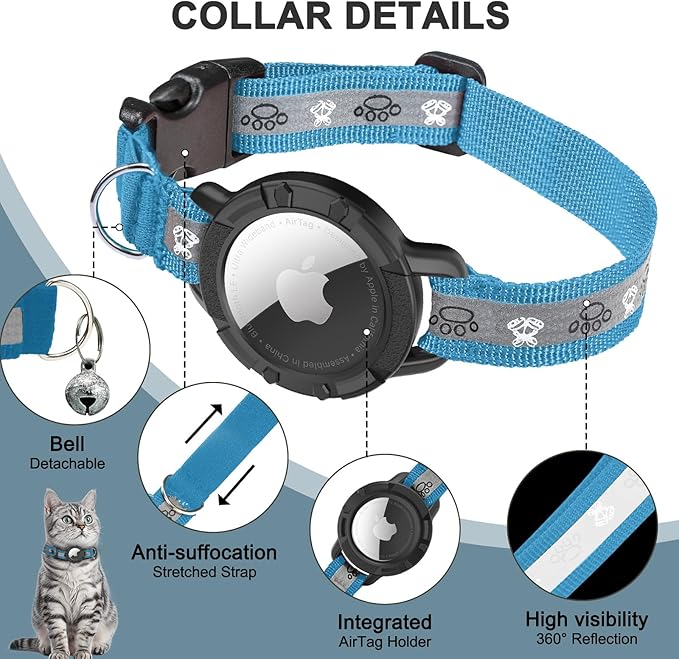Reflective AirTag Cat Collar, Integrated Cat Tracker Collar with Air Tag Holder and Bell, Safety Elastic Band Cat GPS Collars for Girl Boy Cats, Kittens and Puppies (Blue, S)