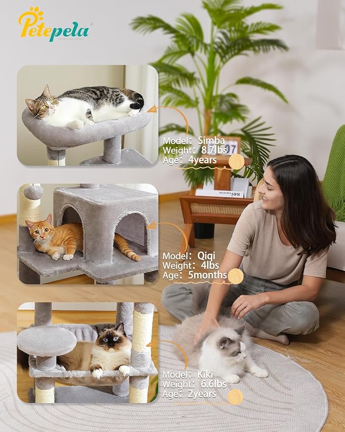 PETEPELA 45.7" Cat Tree for Indoor Cats, 5-Level Cat Tower for Large Cats with Metal Frame Large Hammock (17.3"x15.3"), Cat Condo with (18.5"x13") Big Top Perch & 4 Sisal Covered Scratching Post Grey