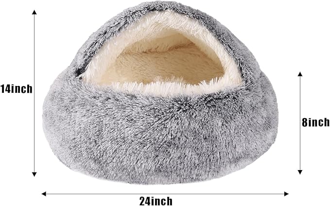 Round Hooded Cat Bed & Dog Bed with Cover Cave, Dog Bed for Small Dogs, Faux Fur Cuddler Round Coved Cat Bed Self Warming Donut Dog Bed Fits up to 22 lbs Pets (Gray, 24inch x 24inch)