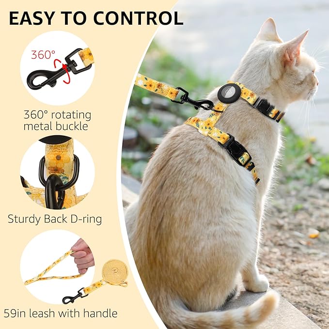 SCENEREAL Adjustable Cat Harness and Leash Set with AirTag Holder, Escape-Proof Design for Small to Large Cats, Lightweight Soft Travel Harness, Yellow Floral