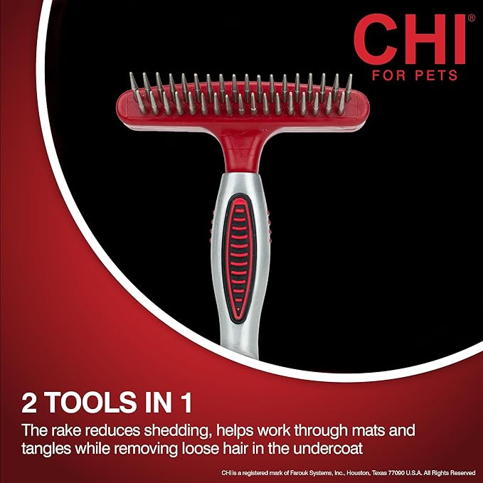 CHI for Dogs Double-Sided Shedding Rake and Blade - Best Grooming Tool for All Hair Types - Safe Dematting and Deshedding Brush for Dogs - Pet Hair Removal Essential