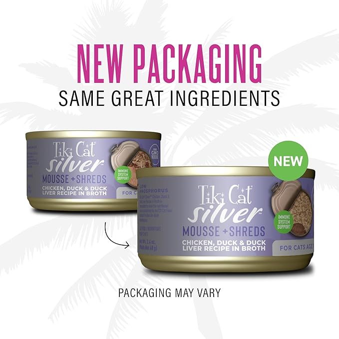 Tiki Cat Silver Comfort Mousse + Shreds, Chicken & Duck and Duck Liver, Immune System Support Formulated for Older Cats Aged 11+, Senior Wet Cat Food, 2.4 oz Cans (Pack of 12)