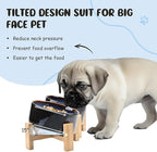 SPUNKYJUNKY 15° Slanted Ceramic Dog and Cat Bowl with Wooden Stand, Tilted Bulldog Food and Water Bowl No Slip Non-Spill for Cats Medium Dogs Big Face Pets 13.5 OZ (1.7 Cups, Starry Blue × 2)