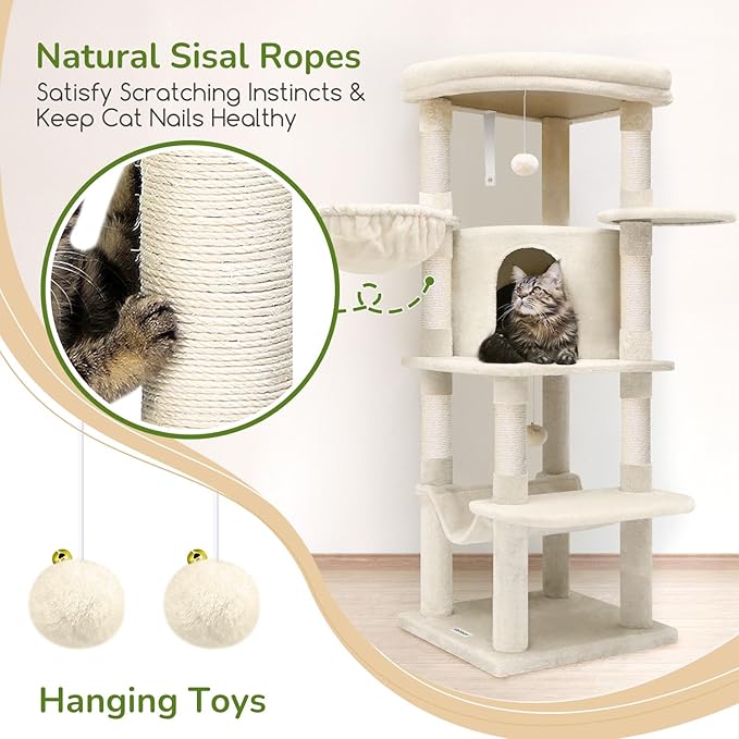 Globlazer Corner Cat Tree Tower with Scratching Post for Indoor Cats, 51in Plush Multi-Level Cat Tower with Large Hammock, Fan-Shaped Padded Perch, Spacious Cat Condo, Hanging Basket, C51, Light Beige