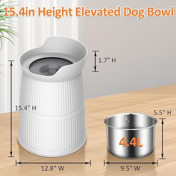 Elevated Dog Bowls for Large Dogs-[15.4-inch high],4.4L No Spill Dog Water Bowl, Adjustable Raised Bowls,Stainless Steel Water Bowl/Non-Slip/Water Dispenser